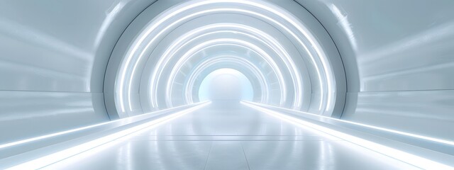 Obraz premium Empty 3D room with a white background, featuring a futuristic technology tunnel stage floor. Abstract space corridor with a silver road element creates a captivating and modern interior scene.
