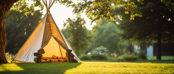 Children wigwam tent or teepee tent on the green grass