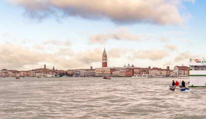 Panoramic of Venice from a vaporetto, on the lagoon, in Veneto, Italy - 759584275