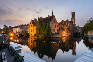 Magical sunset at the most romantic spot in Bruges Belgium - Rozenhoedkaai, on the canal river...