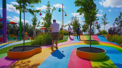 A family playing a friendly game of mini-golf in a colorful and whimsical course. - obrazy, fototapety, plakaty