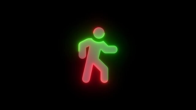 Neon people walk icon green red color glowing animation black background