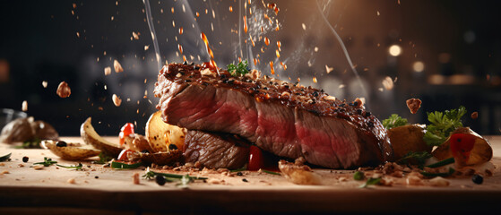 Closeup of falling tasty beef steak in kitchen  - obrazy, fototapety, plakaty