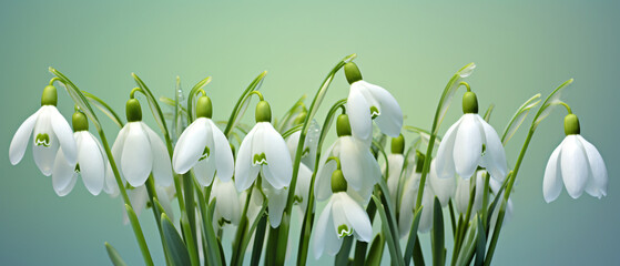 Close up of Snowdrop flowers on green background ..