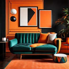 Memphis interior design of modern living room, home. Sofa with colorful cushions against
