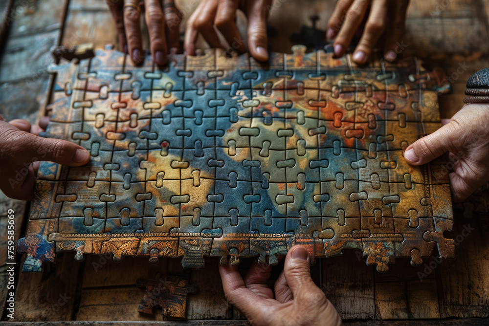 Poster hands holding a puzzle composed of pieces depicting cultural symbols, emphasizing the interconnected