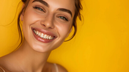 Radiant grin against a golden background, a young woman's joy is infectious.
