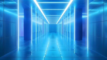 Futuristic Blue Neon Corridor Leading to a Realm of Technological Innovation
