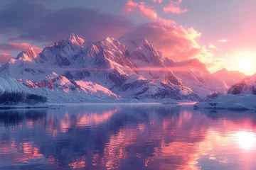 Papier Peint photo Lavable Réflexion Glacial peaks reflecting the warm hues of a setting sun, illustrating the serene interplay of opposing elements. Concept of twilight convergence. Generative Ai.