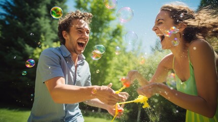 A happy young couple playing with soap bubbles in the garden. A joyful young couple.