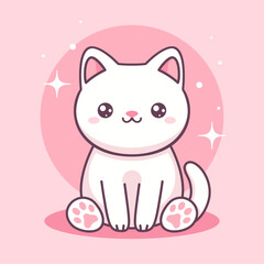 Obraz na płótnie Canvas White kawaii cat on pink background. Vector cute animal character.