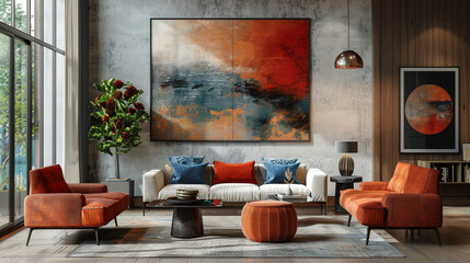 A modern gallery wall with abstract art and sleek furniture pieces.