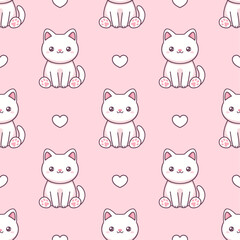 White kawaii cats and hearts on pink background. Vector seamless pattern. 