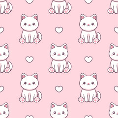 White kawaii cats and hearts on pink background. Vector seamless pattern. 