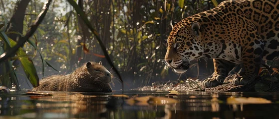 Fotobehang A jaguar stealthily approaching a capybara by the riverbank in the dense Amazon jungle © Expert Mind