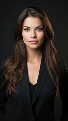 Portrait of a business girl. Young woman with long dark hair on a black background Close-up