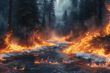 Liquid fire streaming through an arctic forest, illustrating the transformative and destructive power of opposing elements. Concept of elemental metamorphosis. Generative Ai.