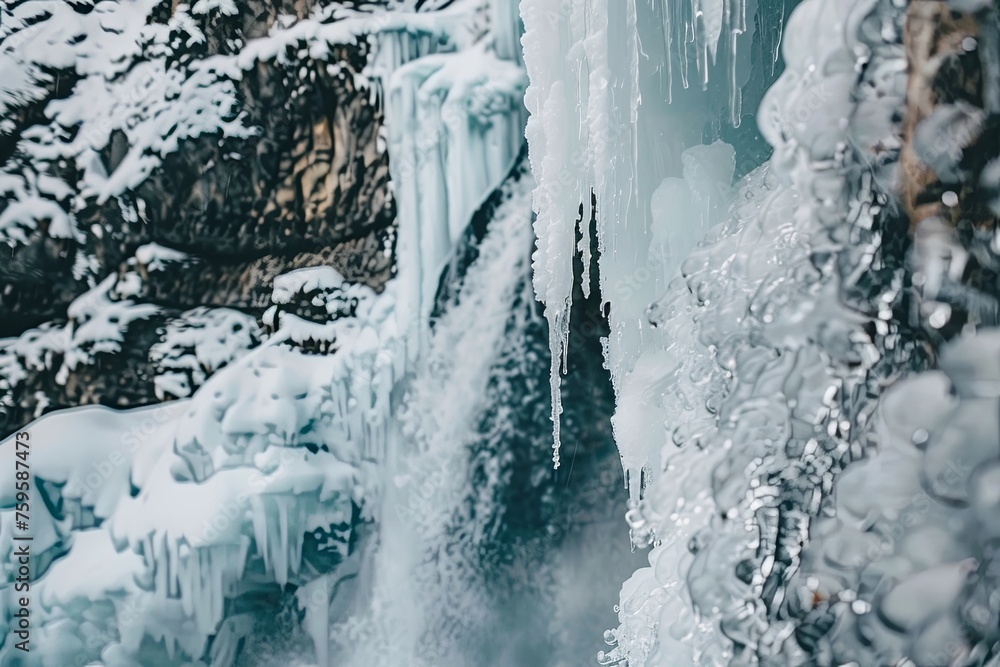 Aufkleber a frozen waterfall with sharp icicles hanging off its sides, creating a striking winter scene. gener