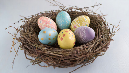 Colorful Easter Eggs in Bird Nest: Festive Spring Decoration