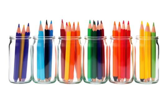 Row of Colored Pencils in Glass Jar. on a White or Clear Surface PNG Transparent Background.