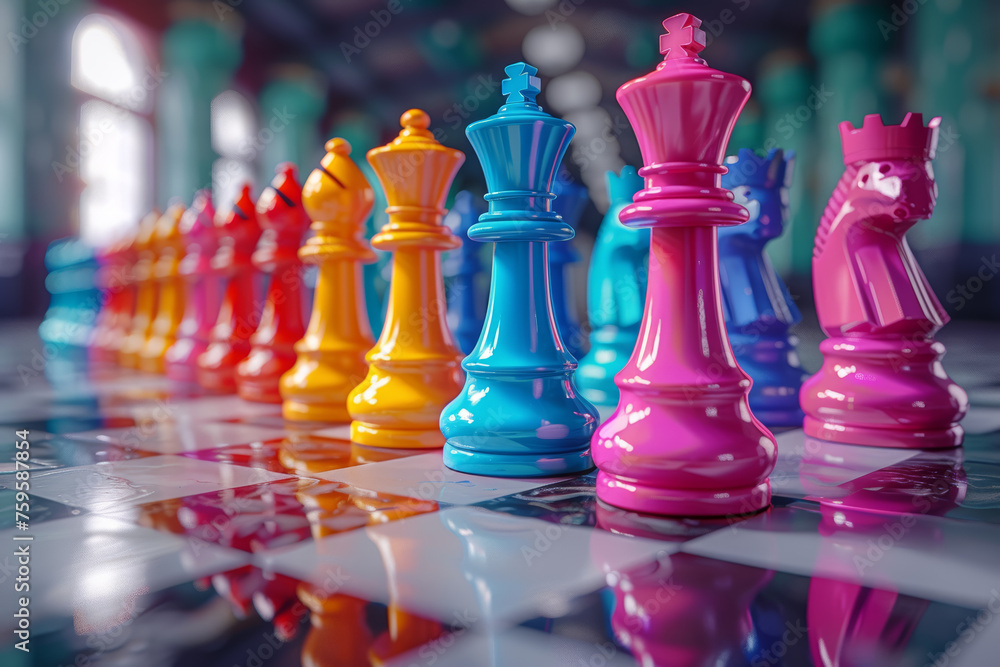 Aufkleber a colorless chessboard evolving into a spectrum of hues as players engage in a strategic and colorfu
