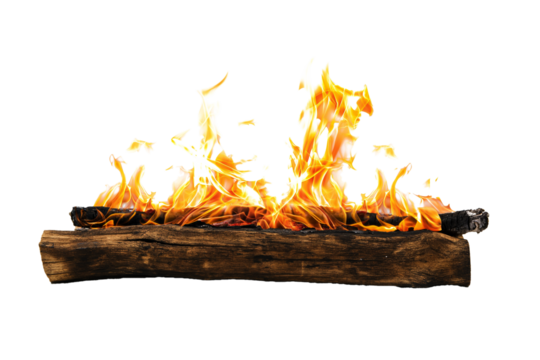A burning wood fire burns brightly on a transparent background