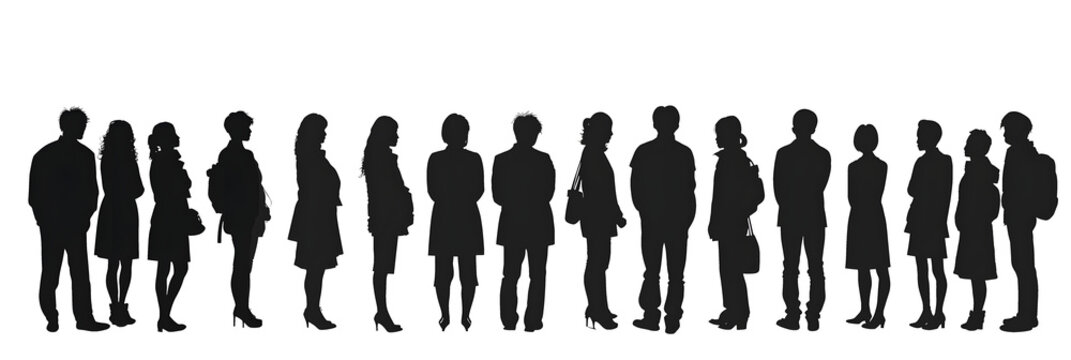 a row of black siluets of people look in, we see them only from the back, white background, vector