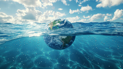 Earth floating in the pure water or sea. Water saves the earth and the world concept. save pure water. Global warming. Water day.  - obrazy, fototapety, plakaty