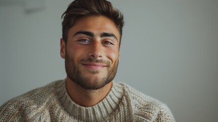 Fototapeta premium Handsome smiling, happy and pleased stoic man with positive vibes. Portrait of a joyful young man with beautiful hair and fashionable clothes.