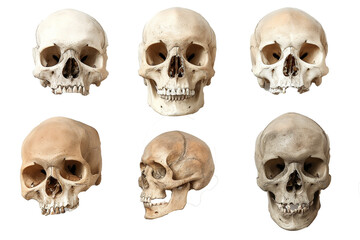 Set of human skulls isolated on a transparent background
