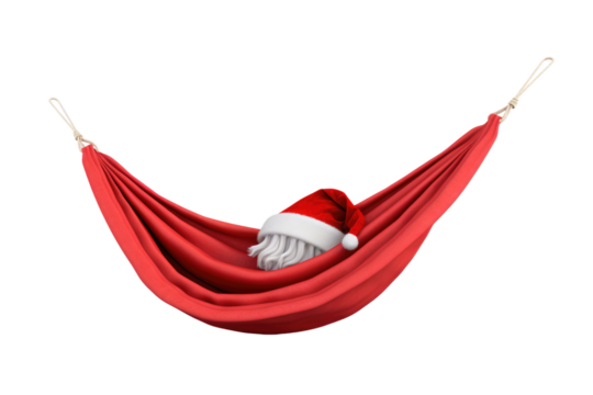 Santa Claus Hat Resting in a Hammock. on a White or Clear Surface PNG Transparent Background.
