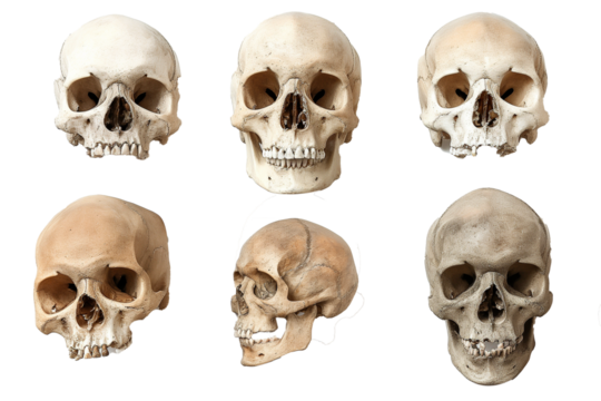 Set of human skulls isolated on a transparent background