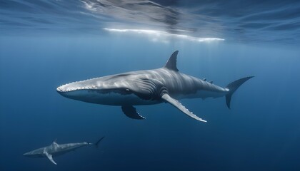 A Blue Whale With A School Of Hammerhead Sharks Sw - obrazy, fototapety, plakaty
