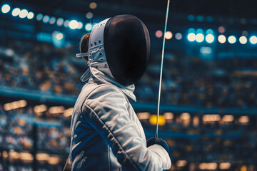 Portrait of a female fencer wearing a mask and a white fencing suit and holding a sword in front of her in a stadium filled with spectators