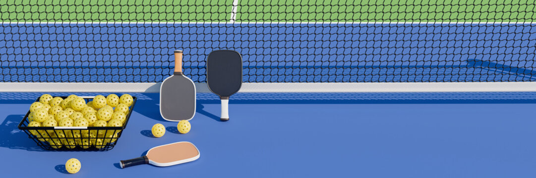 Pickleball rackets basket with balls on a sports court with a net. 3d rendering