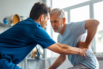 male doctor physiotherapist with a man for wellness and disability support rehabilitation, helping an elderly person with physiotherapy on body muscle