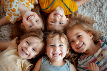 five laughing little children lying on the floor and looking at the camera