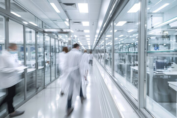 Modern medical research laboratory with blurred people wearing white coats
