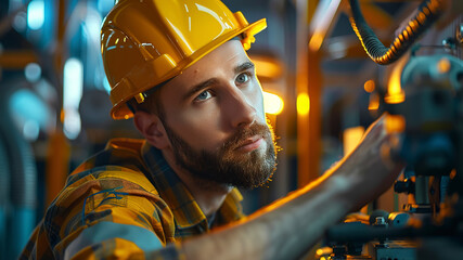 portrait of a electrician in a helmet, electrician engineer with yellow helmet at the workstation, electrician worker doing a work