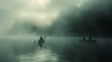 Schilderijen op glas A fog-covered lake scene with friends in canoes, creating an ethereal and mysterious atmosphere. © Its Your,s