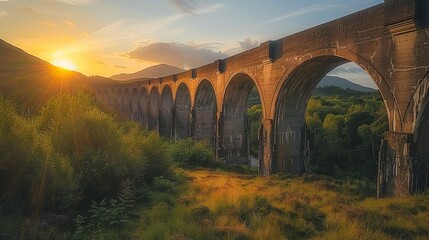 a lon old stone bridge stands as a railroad track with the natural beauty of the mountains. - obrazy, fototapety, plakaty