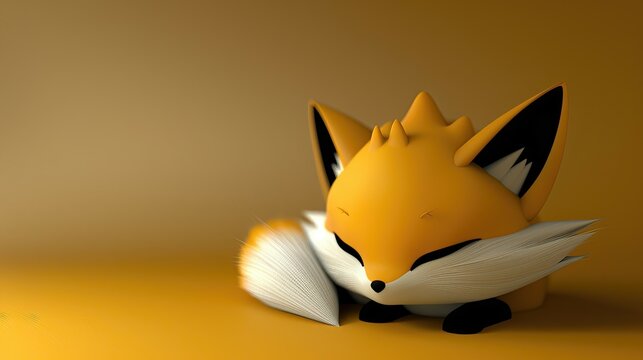 Sleepy fox with bushy tail curled up against a warm backdrop.