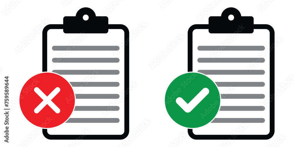 Poster approved and rejected document icon. clipboard with document, red cross and green tick. vector symbo