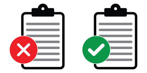 approved and rejected document icon. Clipboard with document, red cross and green tick. vector symbol on transparent background. - obrazy, fototapety, plakaty