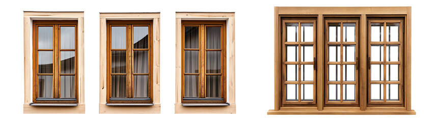A series of wooden windows with frames on a transparent background