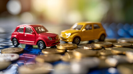 Fototapeta na wymiar Toy cars with gold coins show To growth saving money. generative ai 