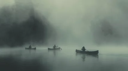 Fotobehang A fog-covered lake scene with friends in canoes, creating an ethereal and mysterious atmosphere. © Its Your,s