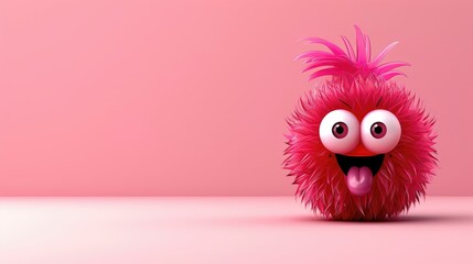 Fuzzy pink creature sticking out tongue on pink background.