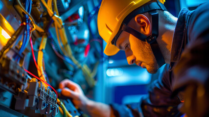 portrait of a electrician in a helmet, electrician engineer with yellow helmet at the workstation, electrician worker doing a work - obrazy, fototapety, plakaty
