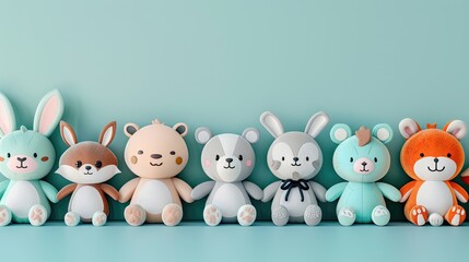 Lineup of colorful plush animal toys with a minimalist background.